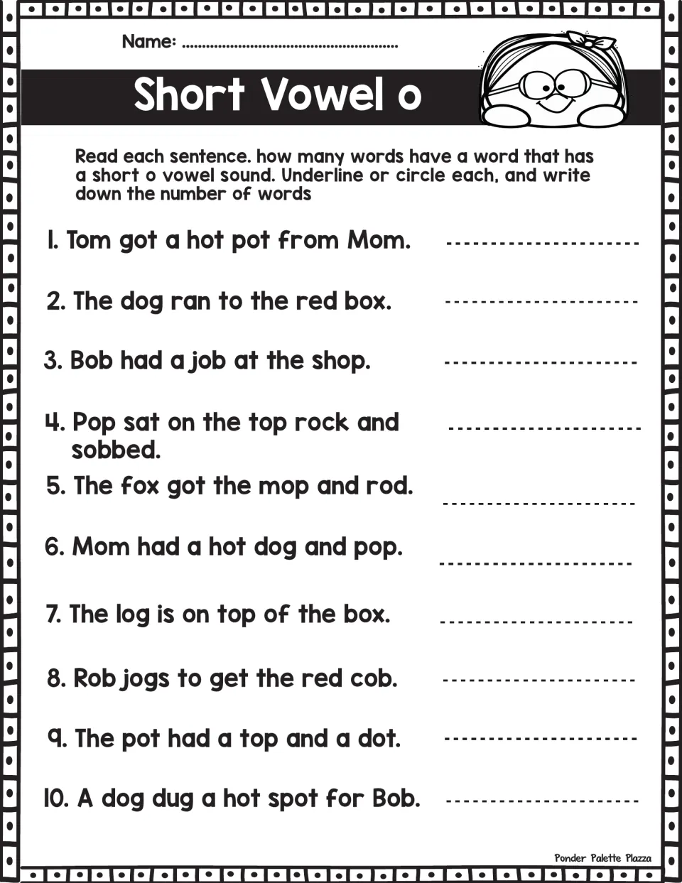 Short vowel o practice: students find and circle words like dog, pot and box in 10 sentences, writing the number beside each