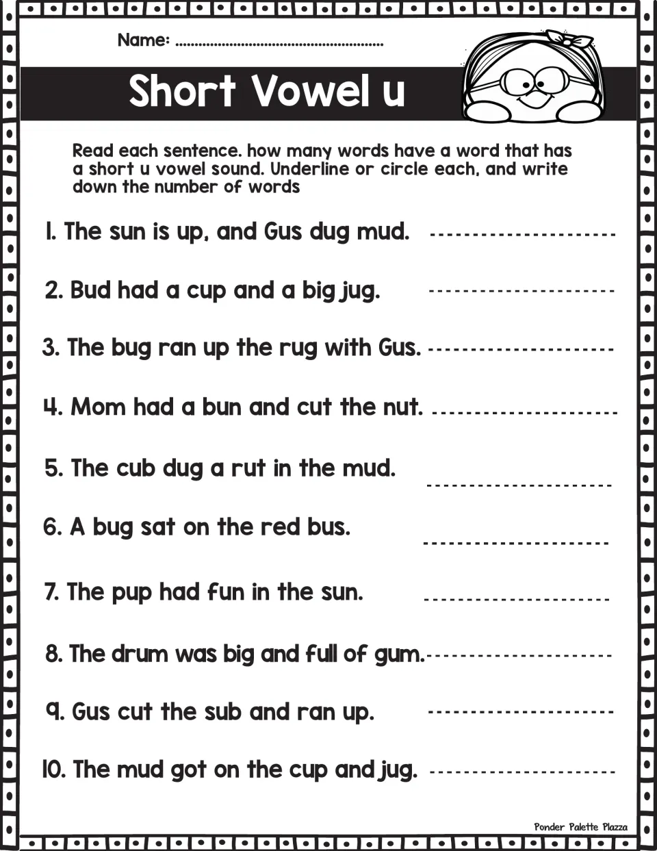 Short vowel u search: students mark short u words such as sun, bug and mud in 10 sentences and note the count for each