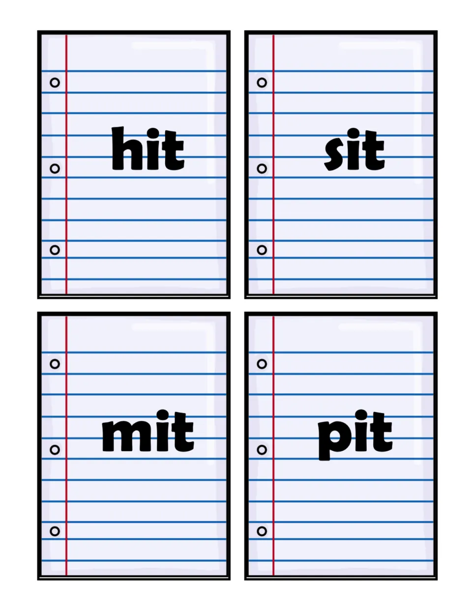 Short i word cards 1–4 of the 16-card sorting set: hit, sit, mit, and pit, all ending in the -it pattern