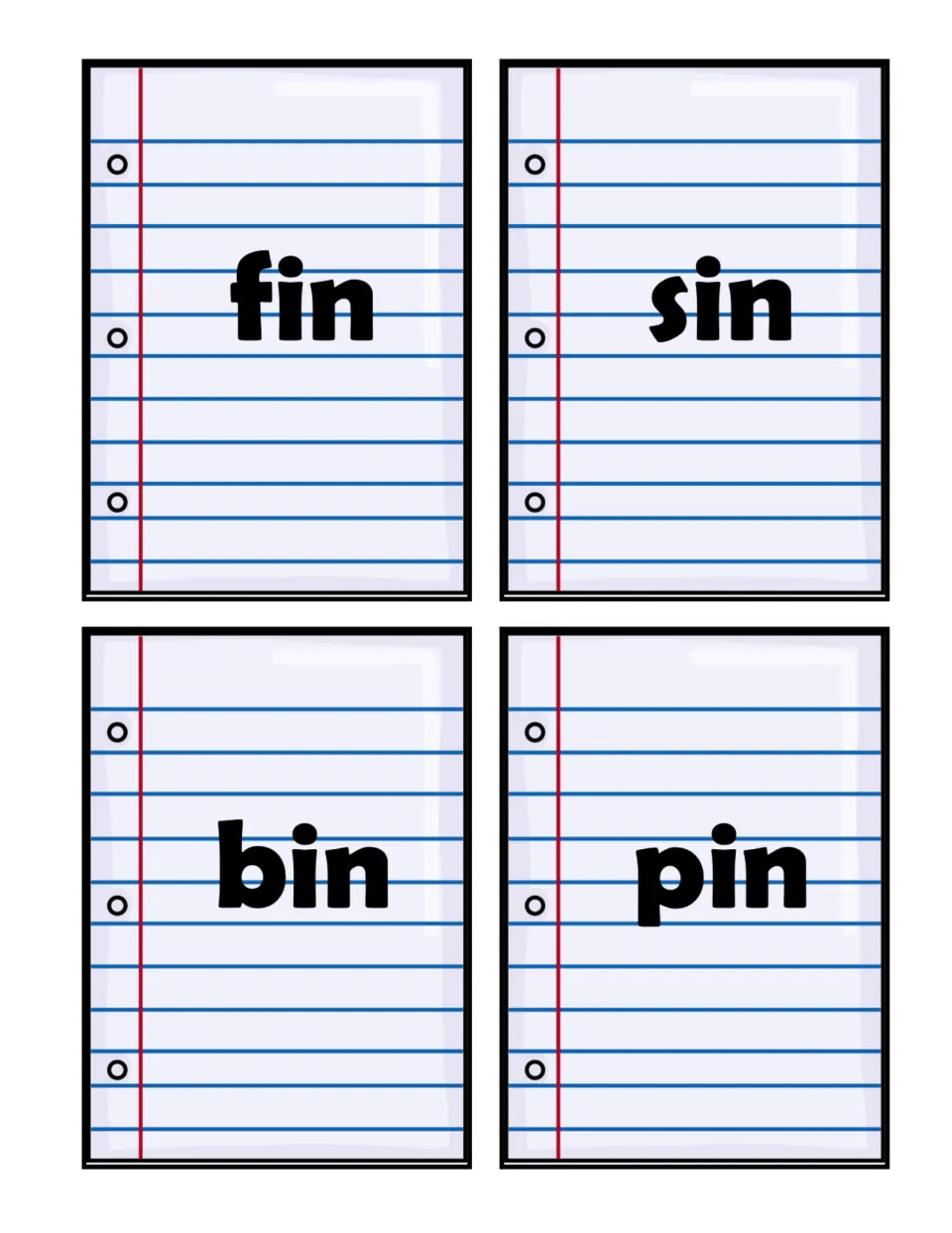Short i word cards 5–8 of the 16-card sorting set: fin, sin, bin, and pin, all ending in the -in pattern