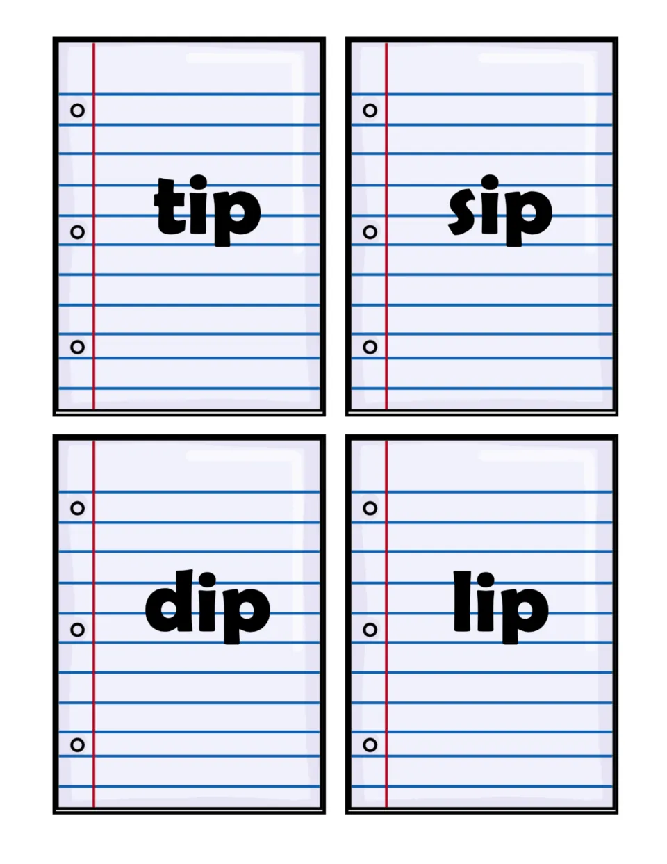 Short i word cards 9–12 of the 16-card sorting set: tip, sip, dip, and lip, all ending in the -ip pattern