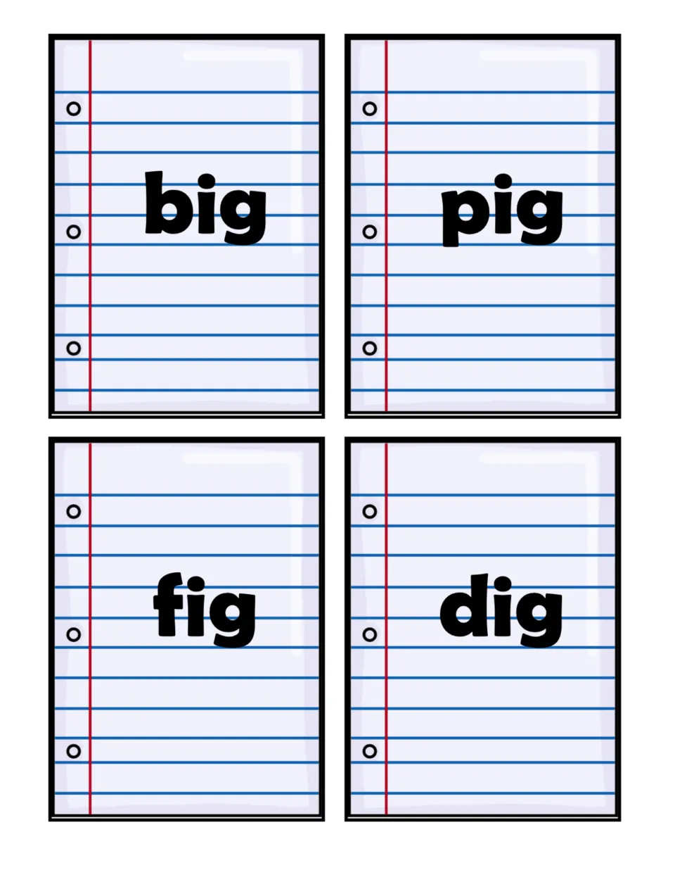 Short i word cards 13–16 of the 16-card sorting set: big, pig, fig, and dig, all ending in the -ig pattern