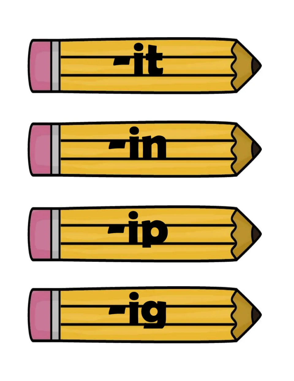 Four pencil-shaped headings labeled -it, -in, -ip, and -ig for sorting the resource's 16 short i word cards