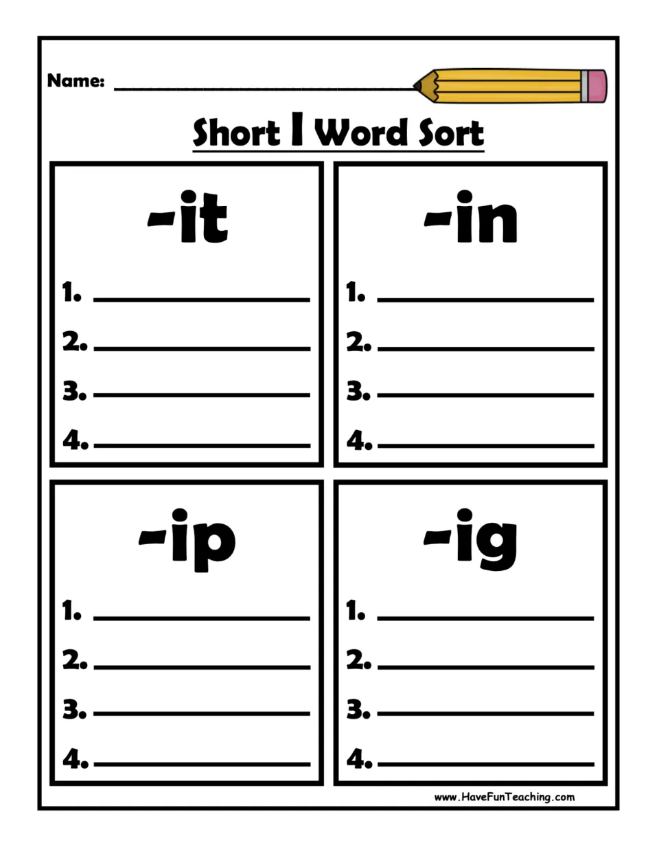Short i word sort recording sheet for writing four words each under the -it, -in, -ip, and -ig headings