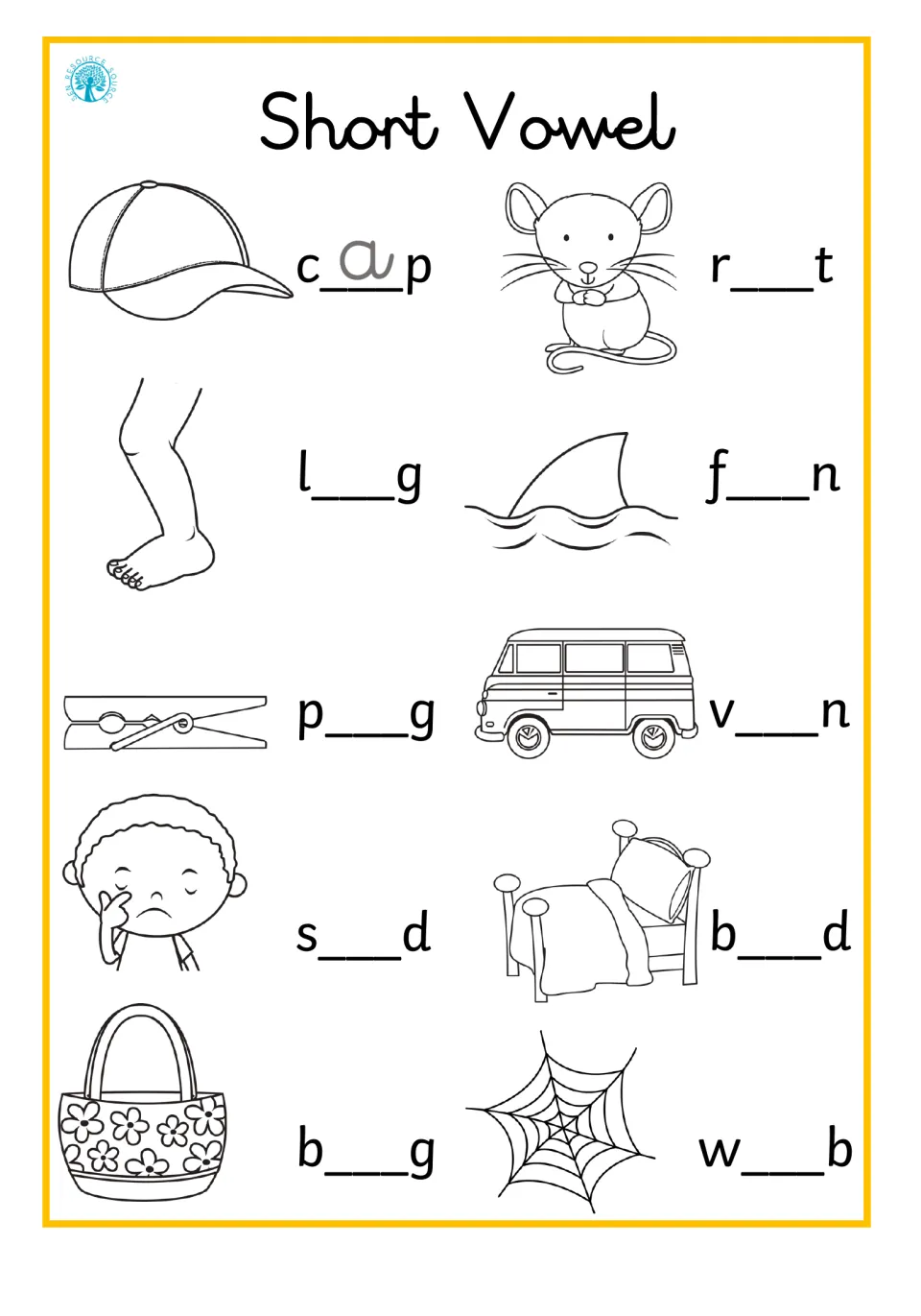 Missing middle vowels: students say each picture and write a, e or i to finish cap, rat, leg, fin, van, bed and web