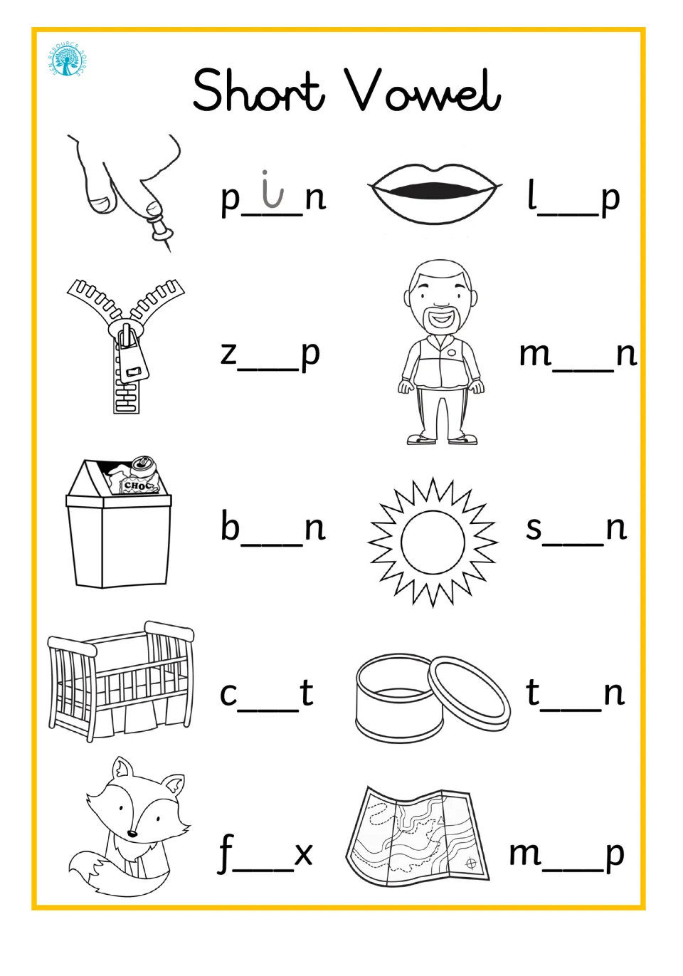 Short vowel fill-in: students write the middle letter to complete pin, lip, zip, man, bin, sun, cot, tin, fox and map
