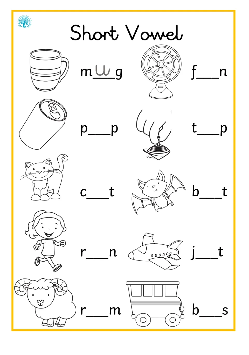 Picture-word vowel practice: students fill the blank in mug, fan, pop, top, cat, bat, run, jet, ram and bus