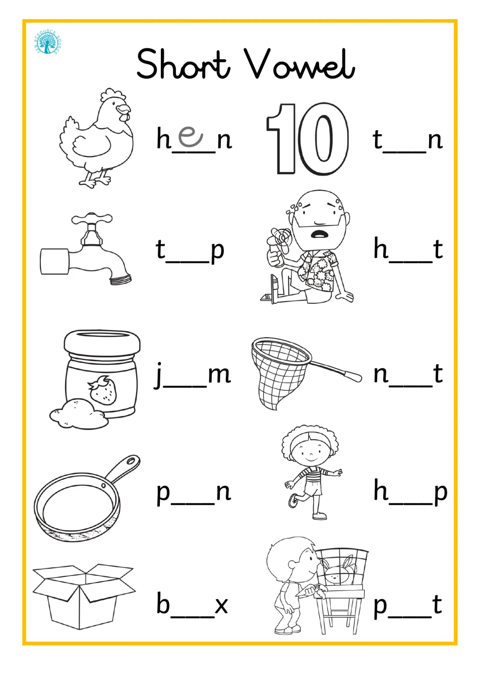 Vowel sounds in CVC words: students complete hen, ten, tap, hot, jam, net, pan, hop, box and pot from picture clues