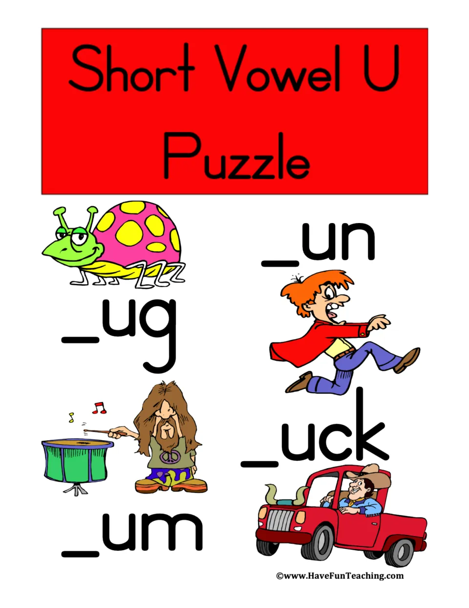 Short Vowel U Puzzle cover showing a bug, runner, drummer, and truck beside incomplete short-U words