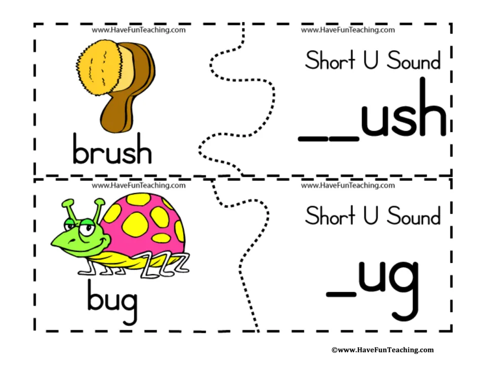 Short-U puzzles 1–2: labeled pictures of brush and bug paired with __ush and _ug to match word beginnings