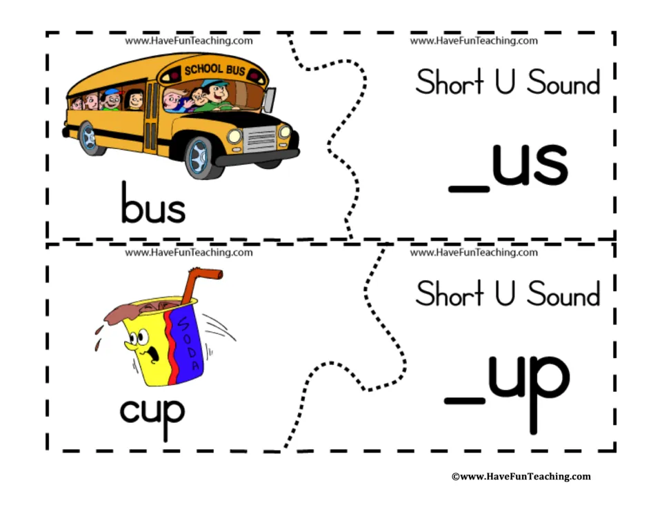 Short-U puzzles 3–4: labeled pictures of bus and cup paired with _us and _up to match word beginnings
