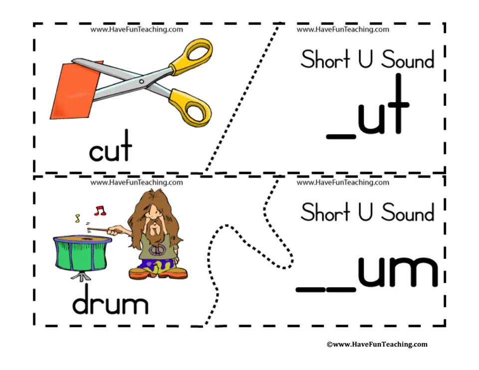 Short-U puzzles 5–6: labeled pictures of cut and drum paired with _ut and __um to match word beginnings