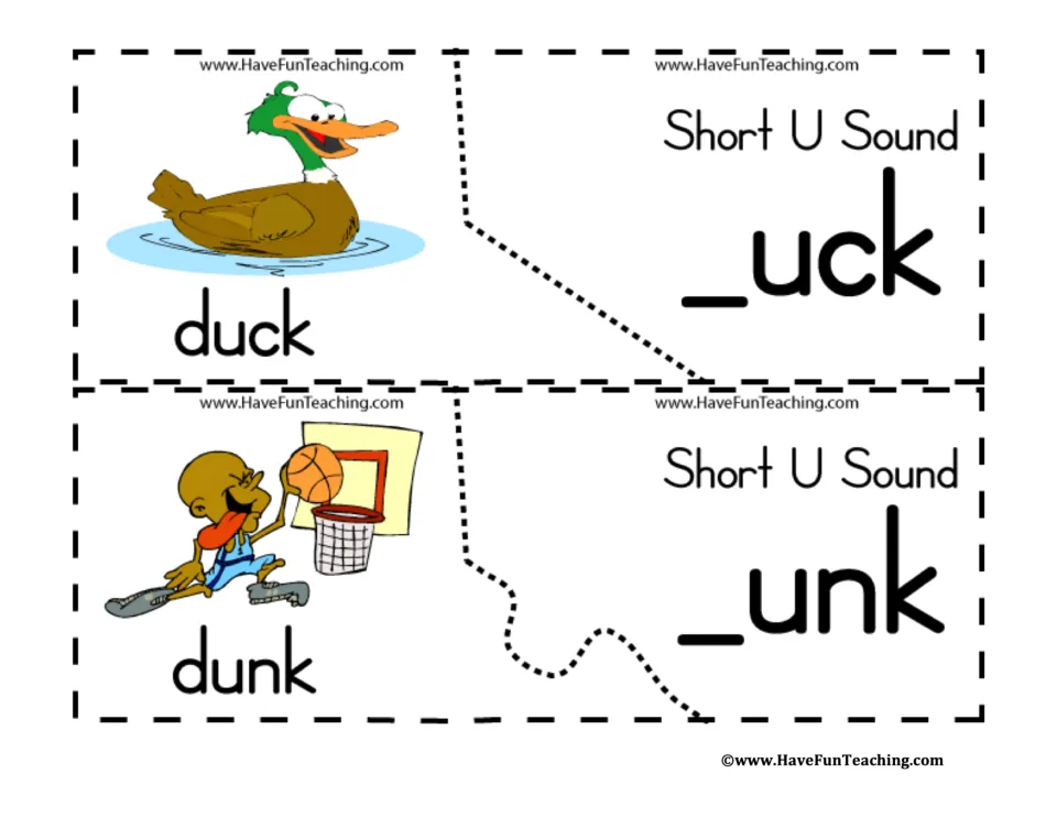 Short-U puzzles 7–8: labeled pictures of duck and dunk paired with _uck and _unk to match word beginnings
