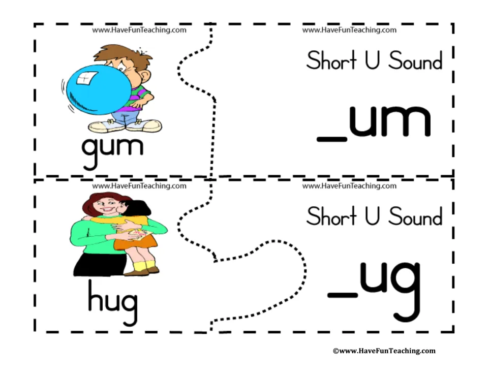 Short-U puzzles 9–10: labeled pictures of gum and hug paired with _um and _ug to match word beginnings