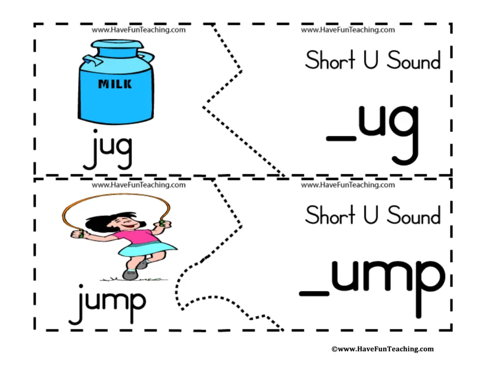 Short-U puzzles 11–12: labeled pictures of jug and jump paired with _ug and _ump to match word beginnings