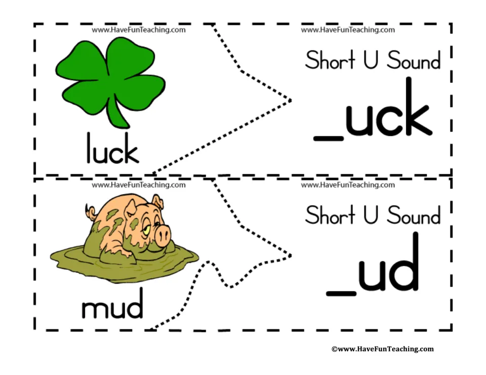 Short-U puzzles 13–14: labeled pictures of luck and mud paired with _uck and _ud to match word beginnings