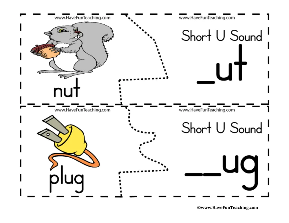 Short-U puzzles 15–16: labeled pictures of nut and plug paired with _ut and __ug to match word beginnings