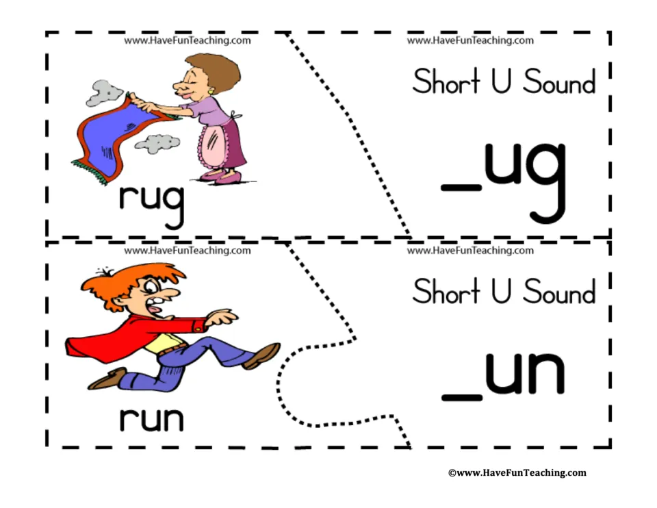 Short-U puzzles 17–18: labeled pictures of rug and run paired with _ug and _un to match word beginnings