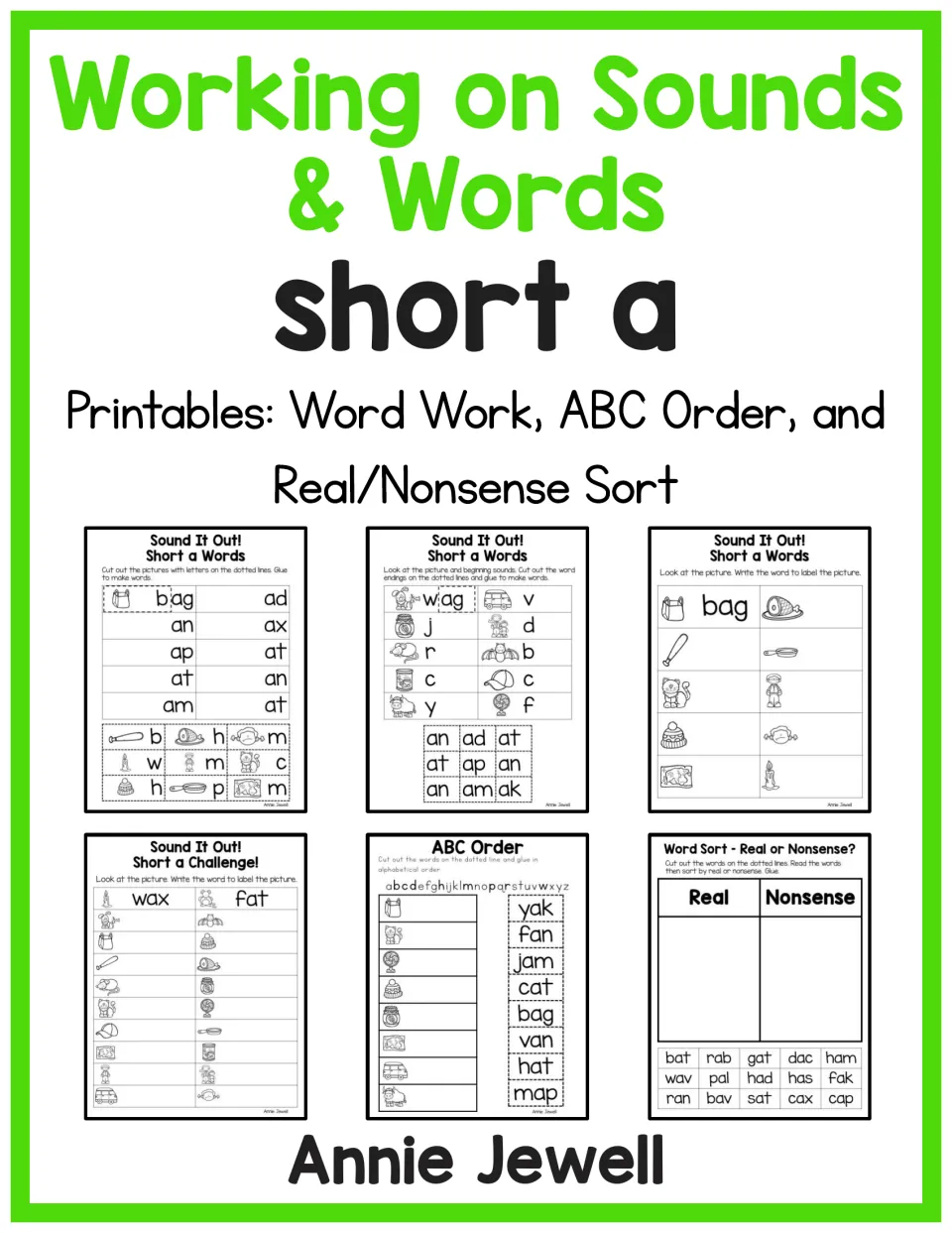 Short a cover: Working on Sounds & Words printables for word work, ABC order and a real/nonsense word sort