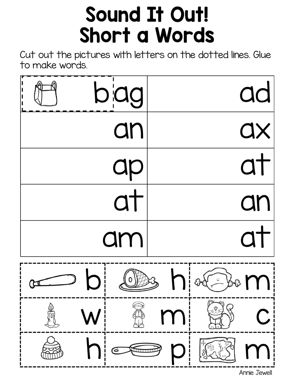 Short a word building: students cut out picture tiles with first letters and glue them to endings like -ap, -ax, -am
