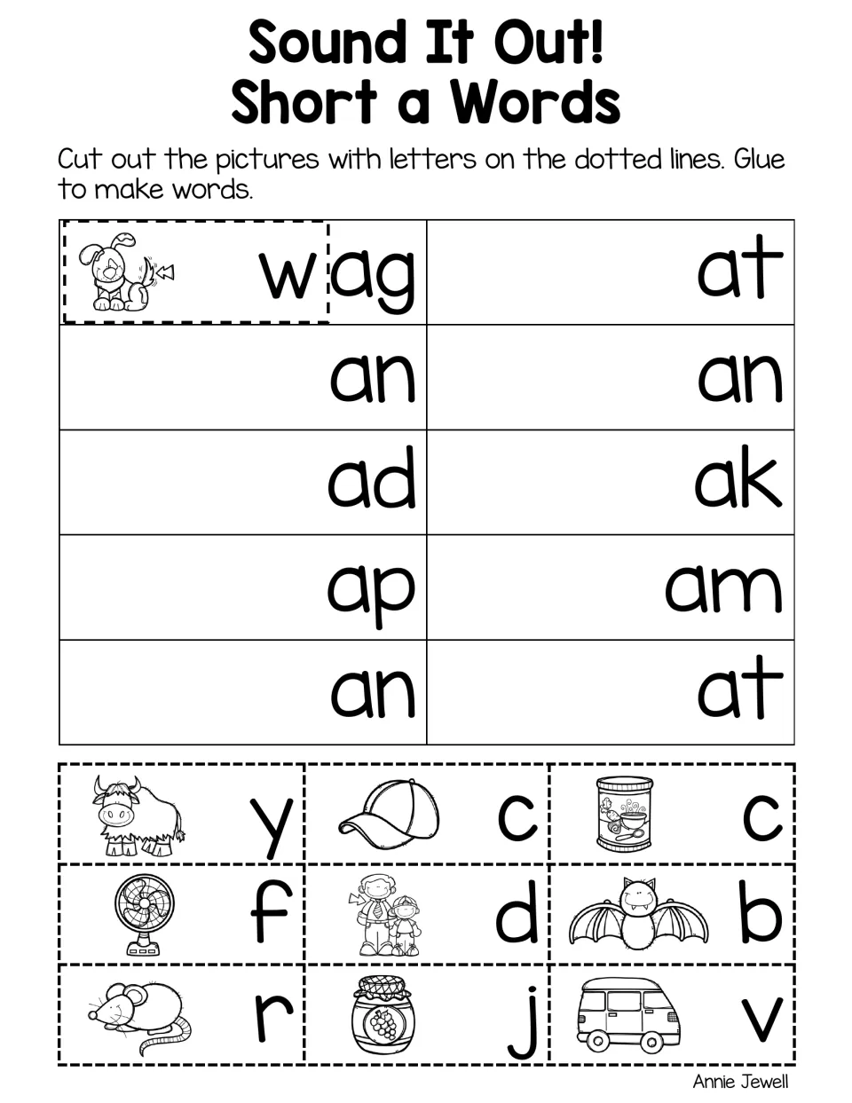 Short a word building: students glue letter-and-picture tiles for yak, cap, can, fan, dad, bat, rat, jam, van to endings
