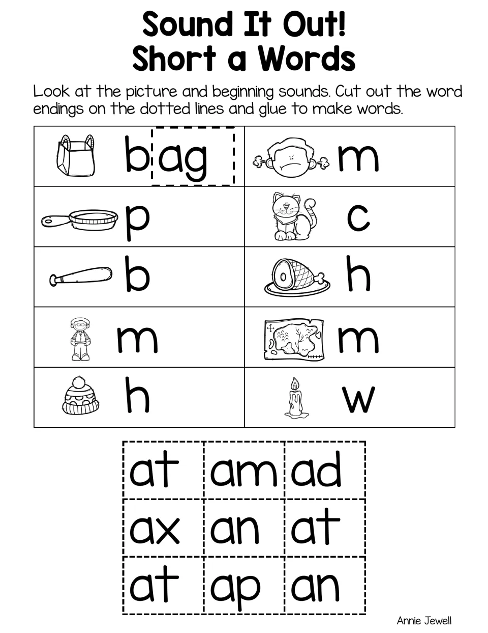 Short a word endings: students cut and glue -at, -am, -ad, -ax, -an, -ap tiles next to pictures like pan, cat, ham and map