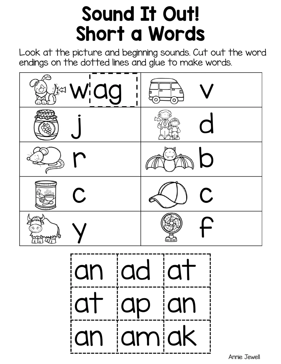 Short a word endings: students cut and glue -an, -ad, -ak, -ap, -am endings after pictures of a van, jam, rat and yak