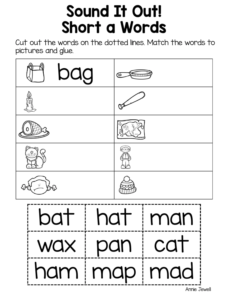 Short a picture-word match: students cut out bat, hat, man, wax, pan, cat, ham, map and mad and glue each by its picture