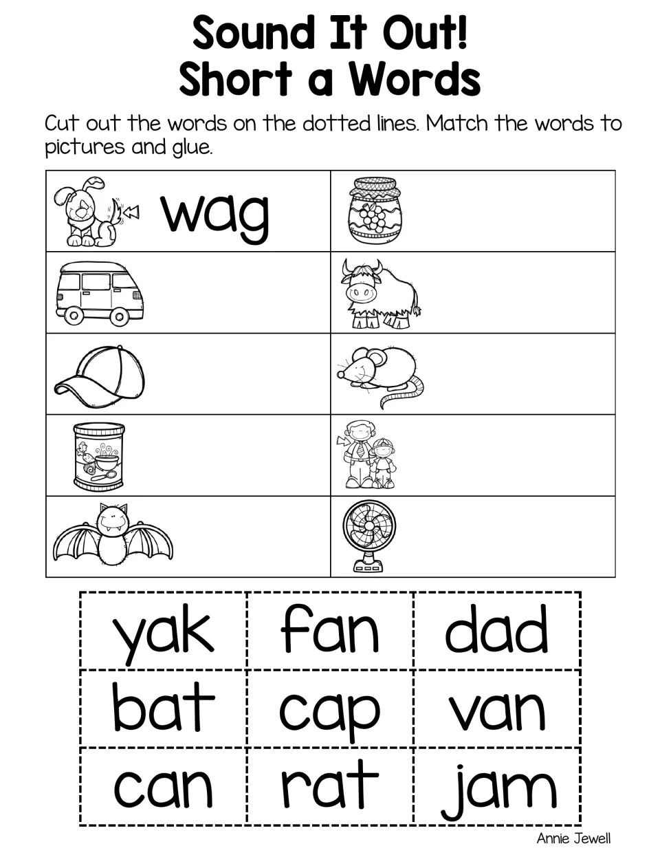 Short a picture-word match: students read yak, fan, dad, bat, cap, van, can, rat and jam, then paste each beside its image