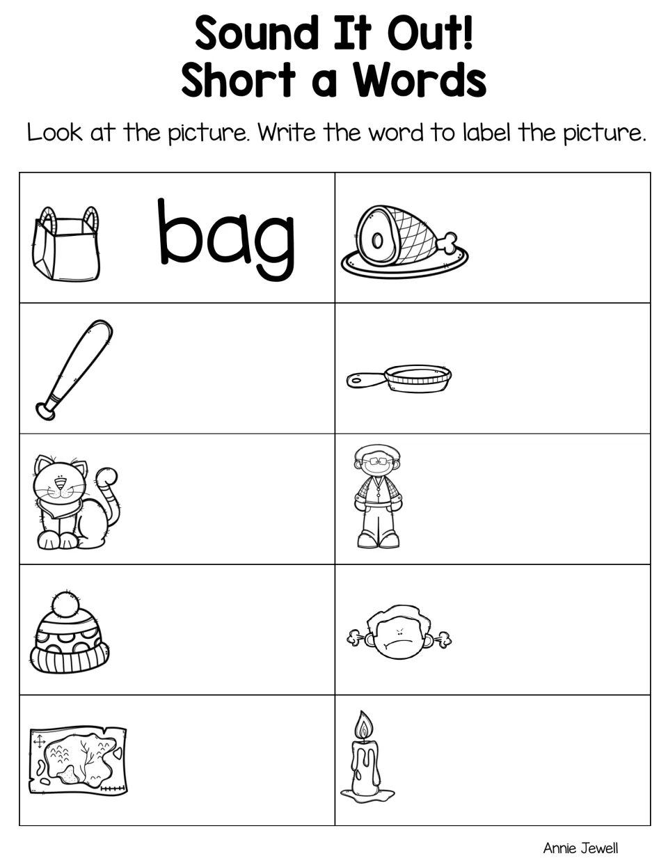 Short a spelling: students write the CVC word to label each picture: ham, bat, pan, cat, man, hat, mad, map, wax