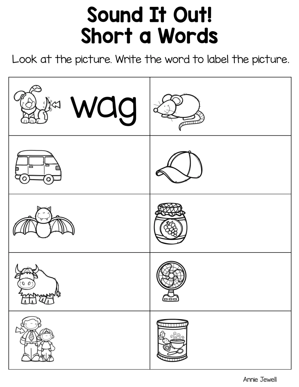 Short a spelling: students label pictures by writing rat, van, cap, bat, jam, yak, fan, dad and can after the wag example