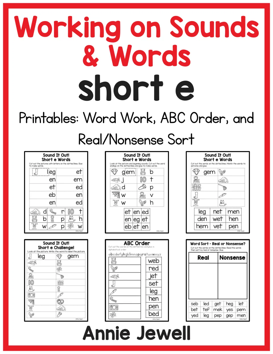 Working on Sounds & Words short e cover: word work, ABC order and real/nonsense sort printables with page previews