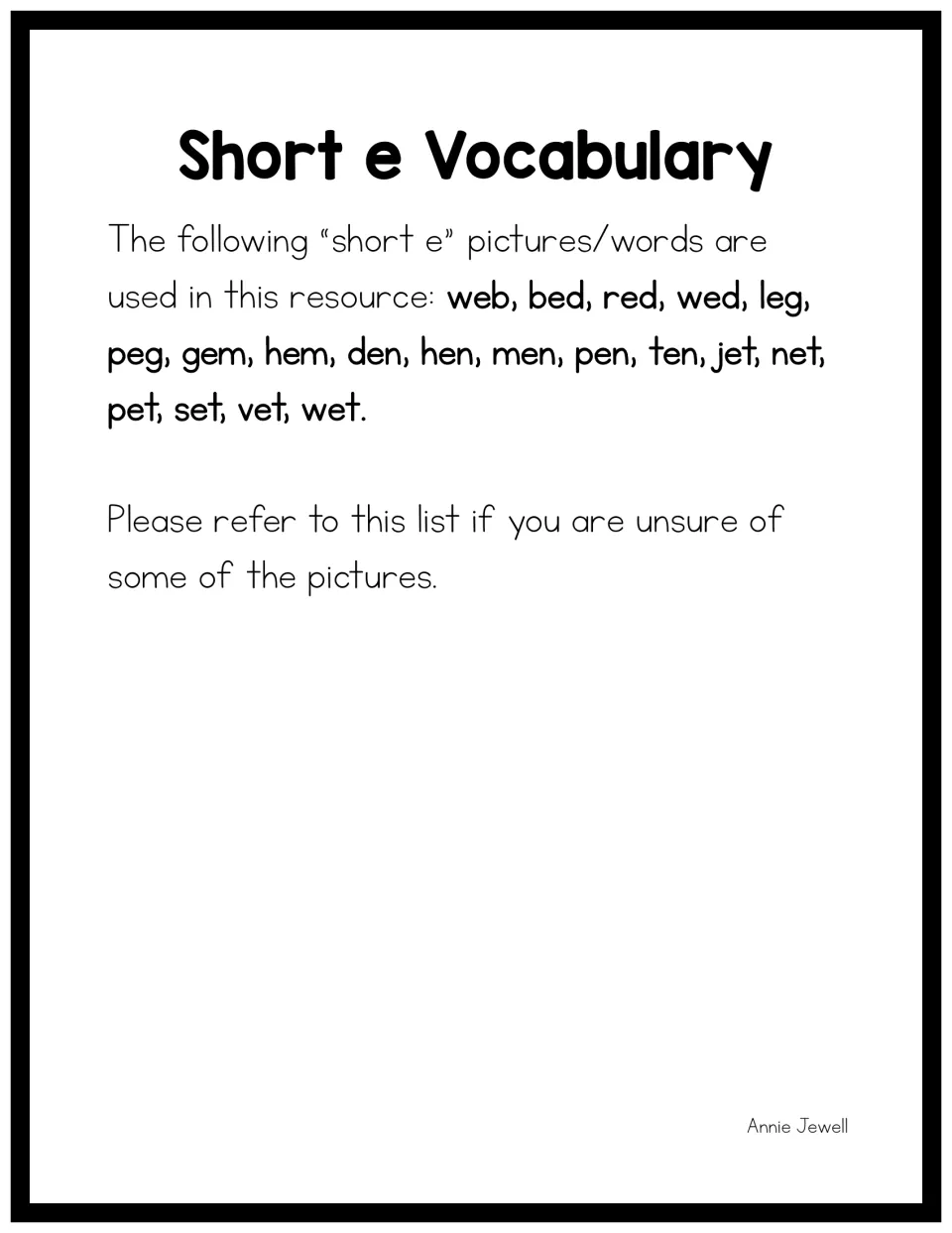 Short e vocabulary list of the 19 CVC picture words used, including web, bed, hen, jet and vet, for checking pictures