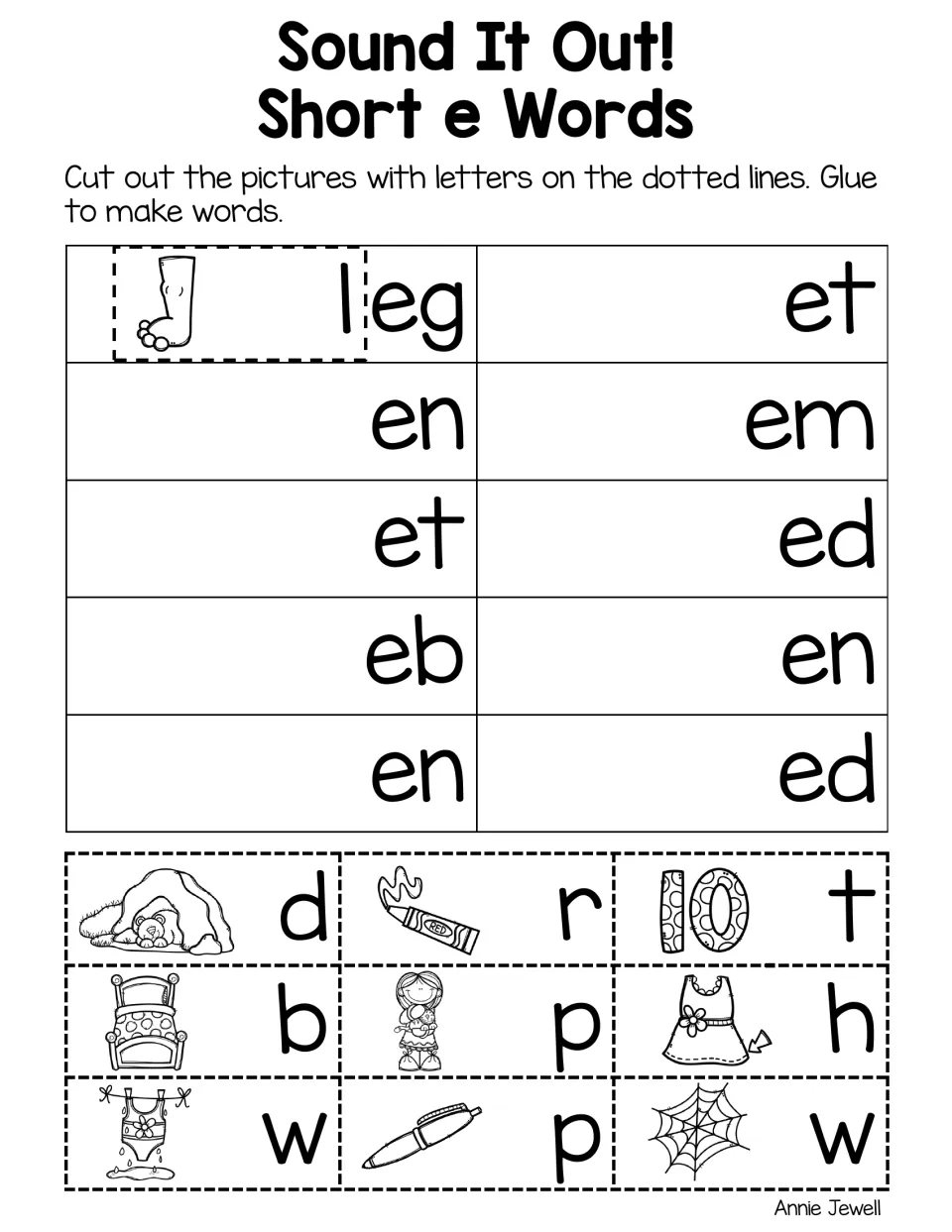 Short e beginning sounds: students glue cut-out picture tiles for d, r, t, b, p, h and w onto -en, -ed, -et, -eb endings