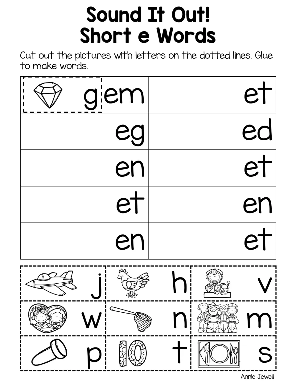 Short e beginning sounds, set 2: students glue picture tiles for j, h, v, w, n, m, p, t and s onto -et, -eg, -en endings