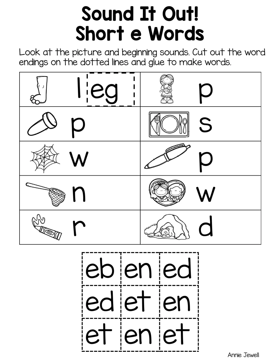 Short e word endings: students glue cut-out -eb, -en, -ed and -et tiles after each first letter, as in w + eb for web