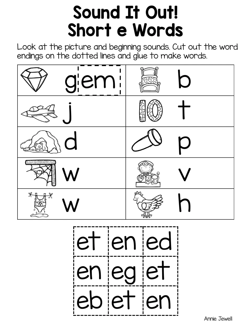Short e word endings, set 2: students glue -et, -en, -ed, -eg and -eb tiles after letters for jet, bed, vet, hen and more