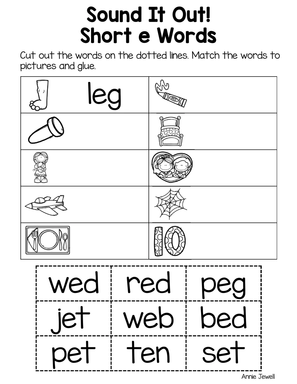 Short e word-picture match: students cut out wed, red, peg, jet, web, bed, pet, ten and set and glue each beside its picture