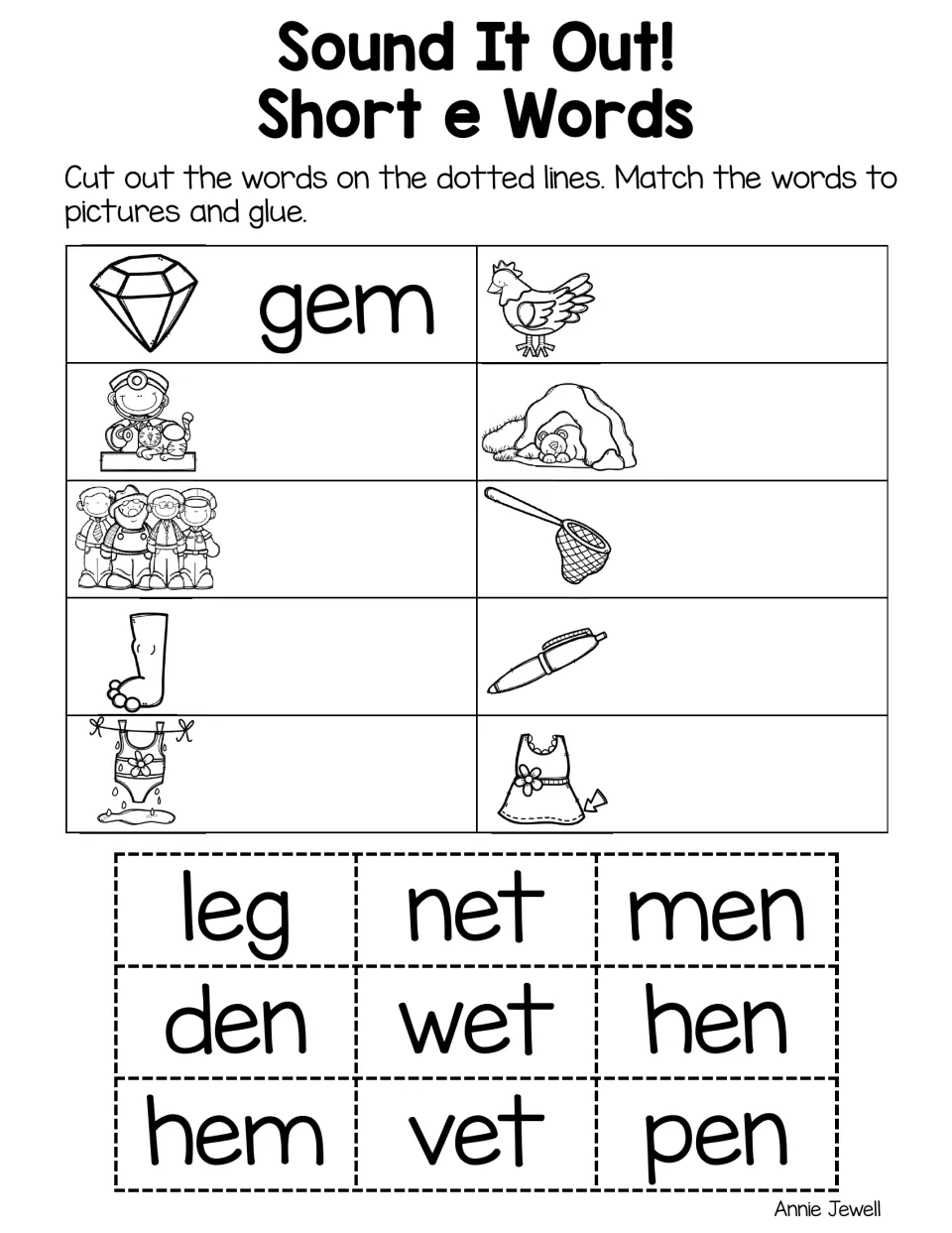 Short e word-picture match, set 2: students glue leg, net, men, den, wet, hen, hem, vet and pen beside matching pictures