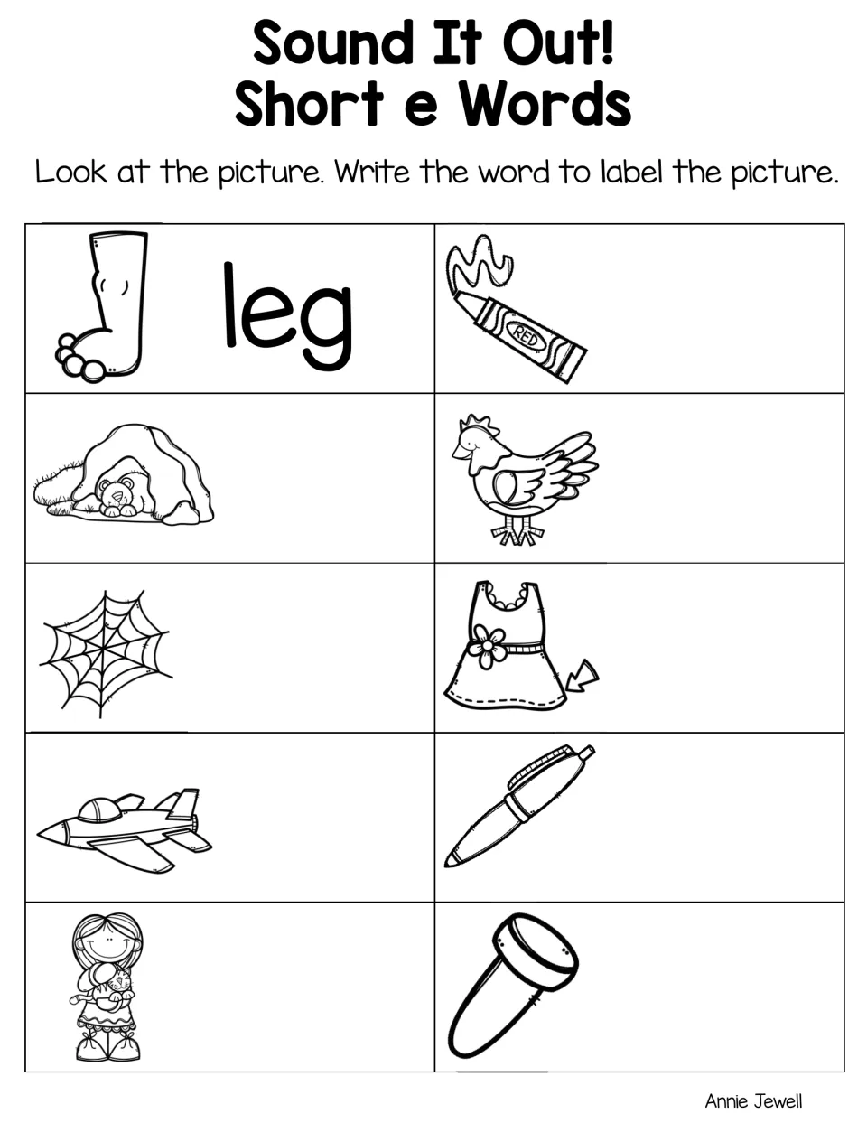 Short e spelling: students write the word for each picture, such as red, den, hen, web, jet and pen, with leg as the model