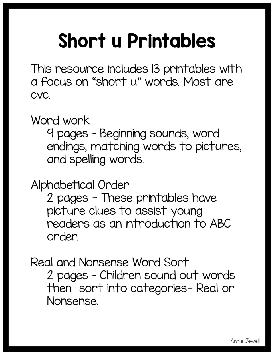 Short u packet overview lists 13 printables: nine word-work pages, two ABC-order pages, and two word sorts