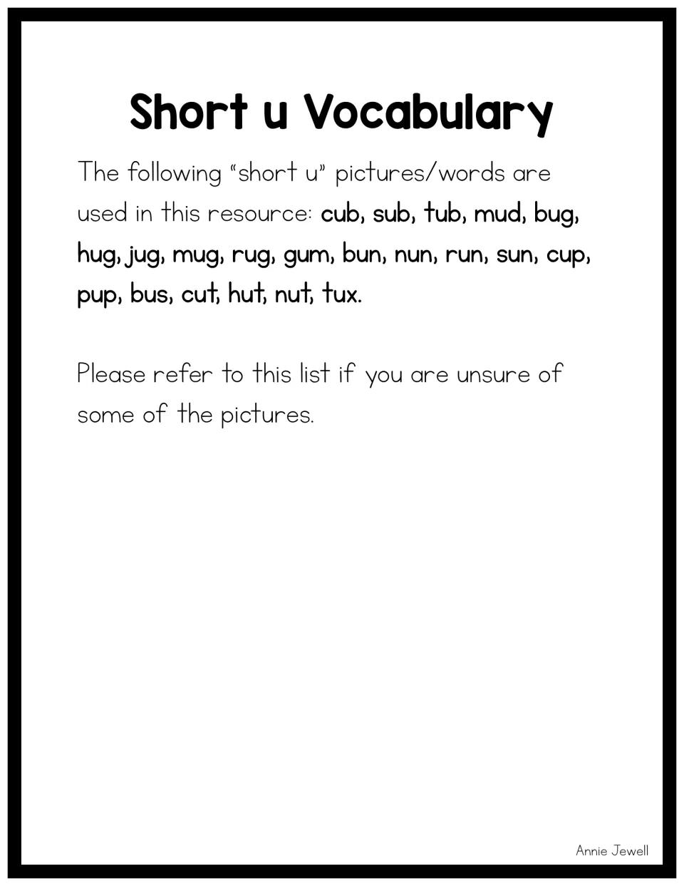 Short u vocabulary reference lists 22 picture words, including cub, sub, tub, mud, bug, hug, jug, and mug