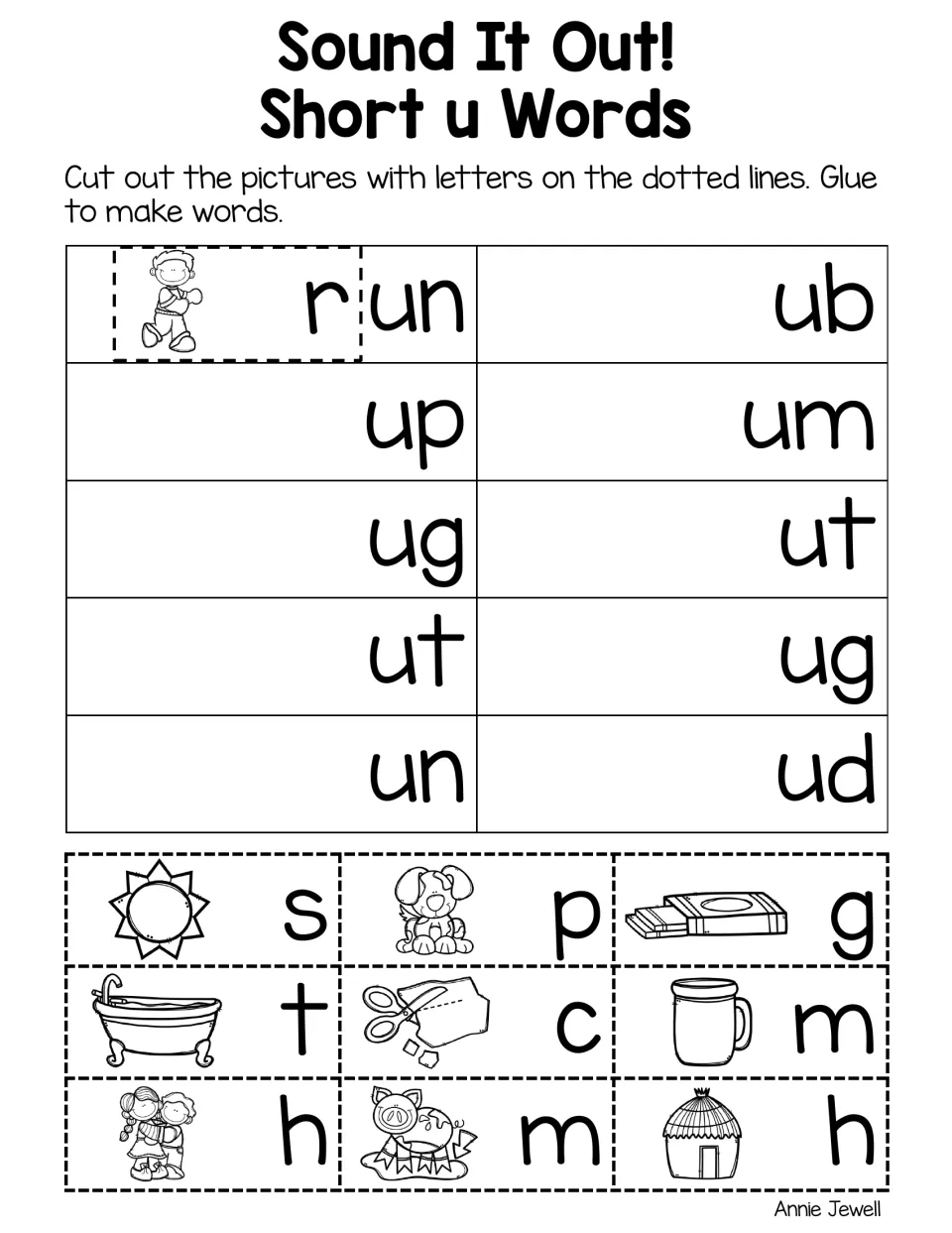 Beginning-sound cut-and-glue practice builds run, sun, pup, gum, tub, cut, mug, hug, mud, and hut from pictures