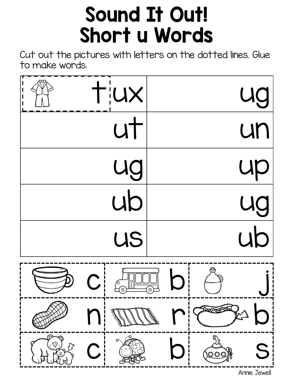 Beginning-sound cut-and-glue practice builds tux, cup, bus, jug, nut, rug, bun, cub, bug, and sub from pictures
