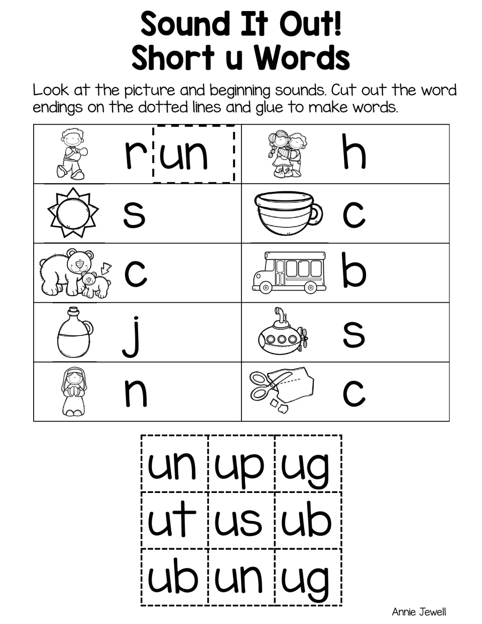 Word-ending cut-and-glue practice uses pictures to complete run, sun, cub, jug, nun, hug, cup, bus, sub, and cut