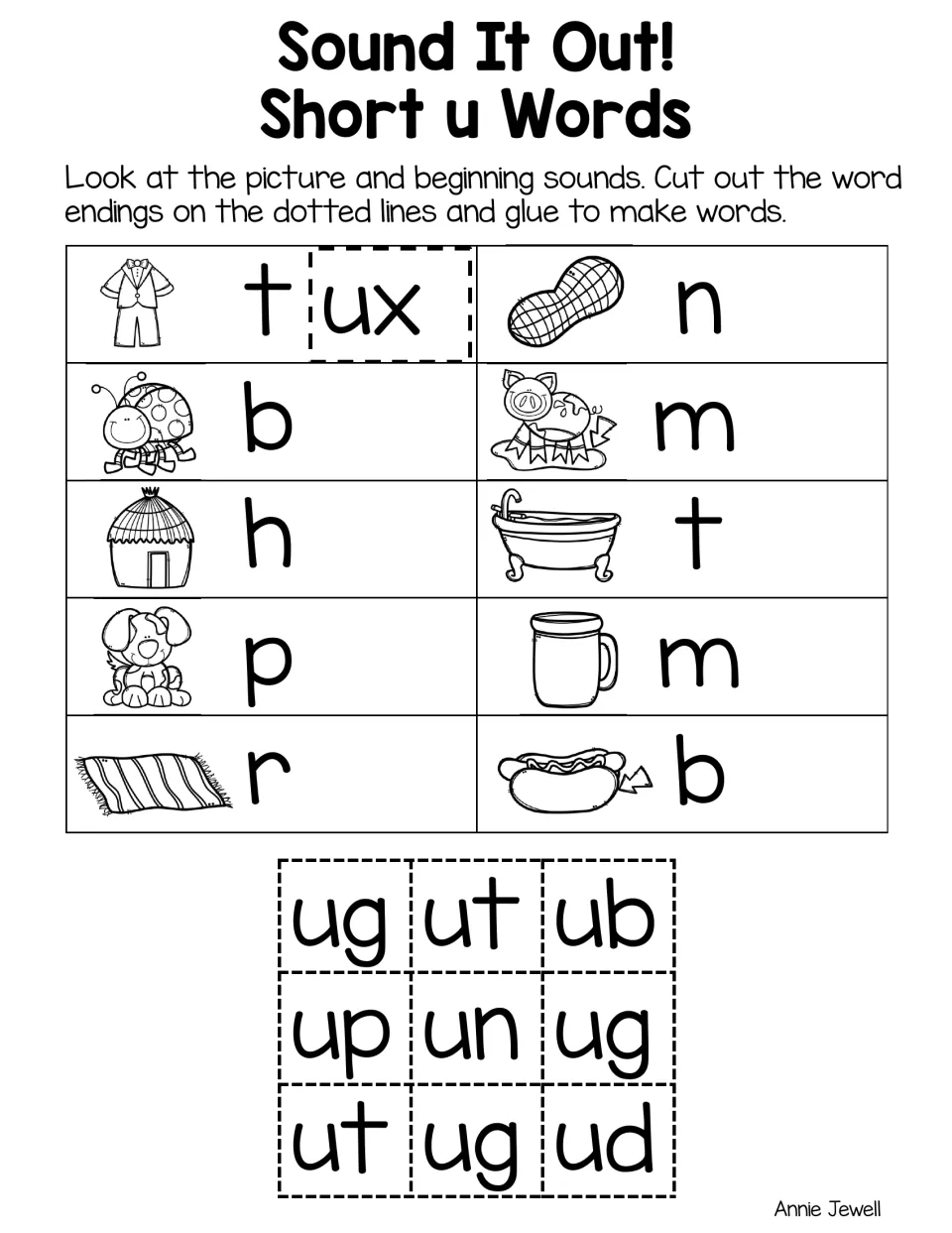 Word-ending cut-and-glue practice uses pictures to complete tux, bug, hut, pup, rug, nut, mud, tub, mug, and bun