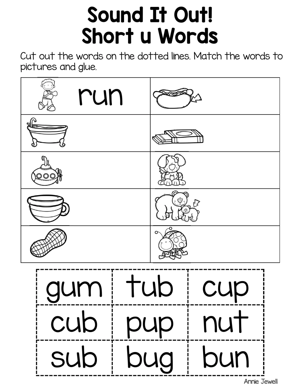 Short u word-to-picture matching practice includes run, tub, sub, cup, nut, bun, gum, pup, cub, and bug