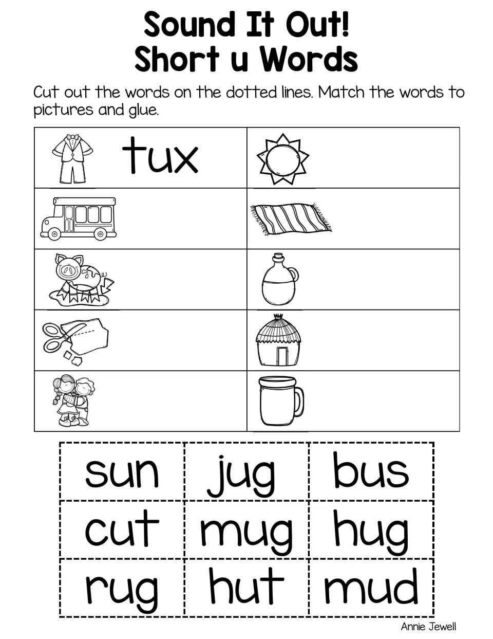 Short u word-to-picture matching practice includes tux, bus, mud, cut, hug, sun, rug, jug, hut, and mug