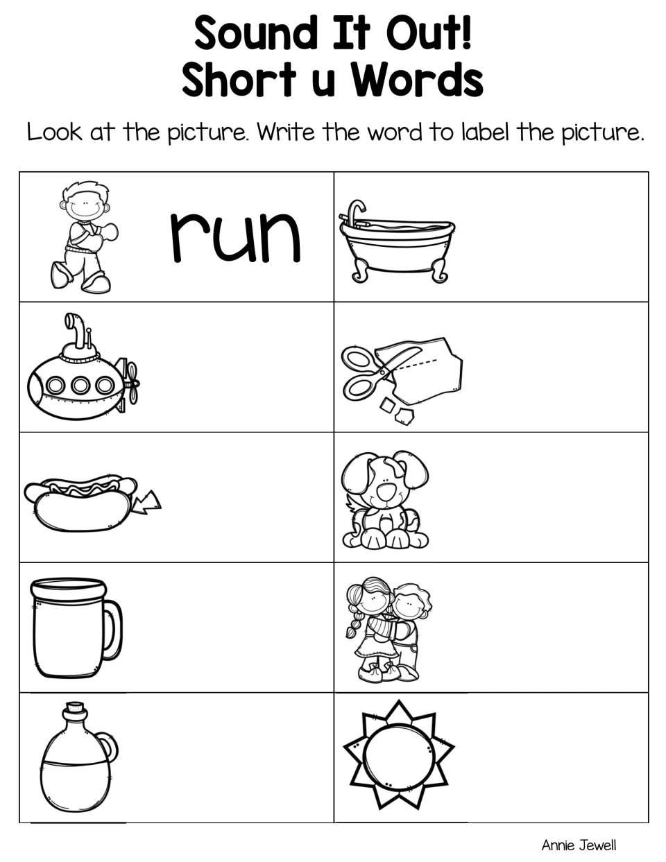 Short u spelling practice asks students to label pictures of run, tub, sub, cut, bun, pup, mug, hug, jug, and sun