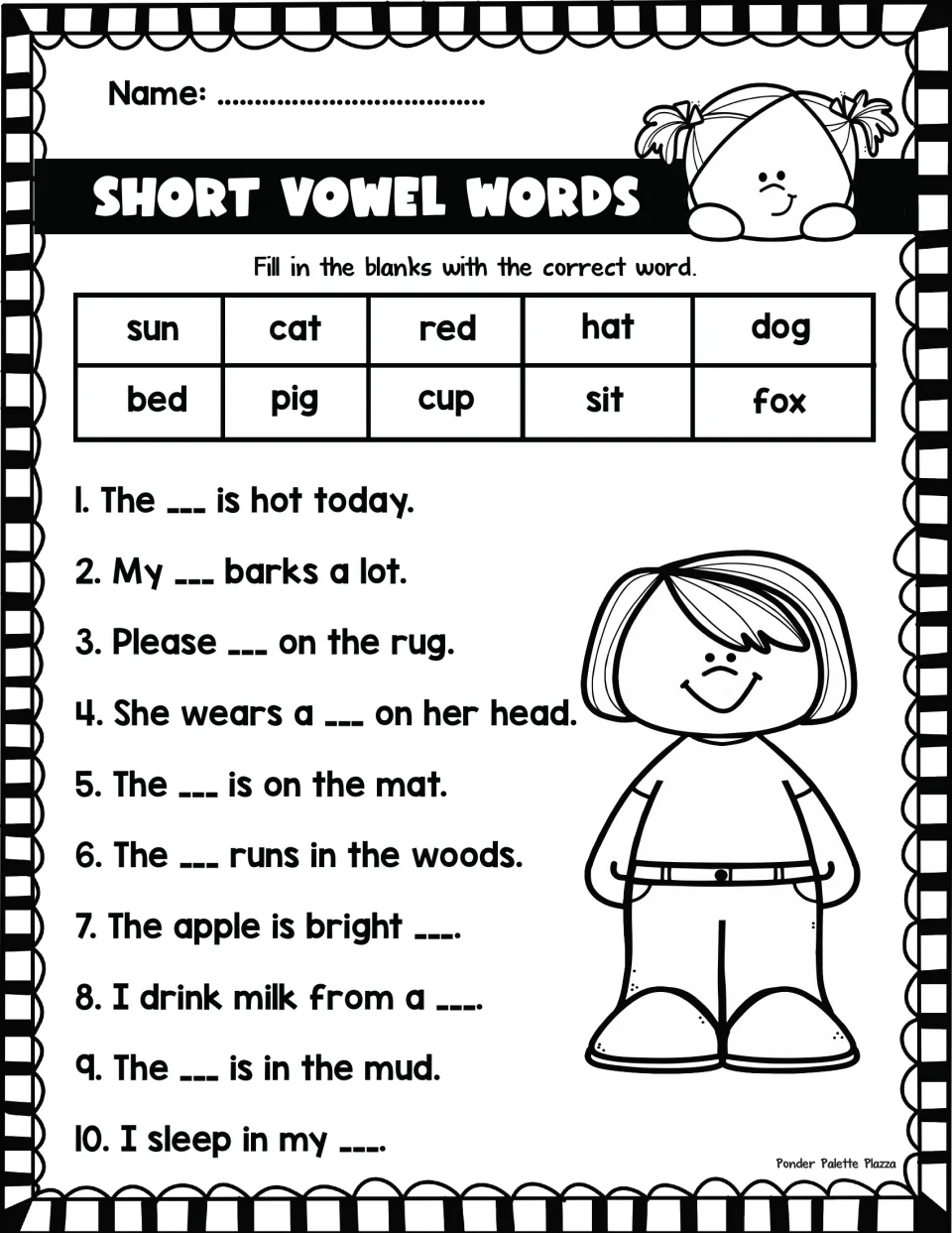 Short vowel words: students complete 10 sentences such as 'My ___ barks a lot' using a 10-word CVC word bank